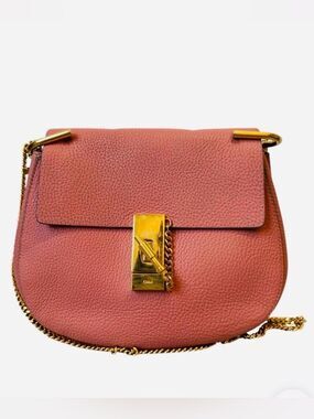 Chloe Drew Medium Apricot Rose Leather Gold Chainlink Strap Crossbody Bag